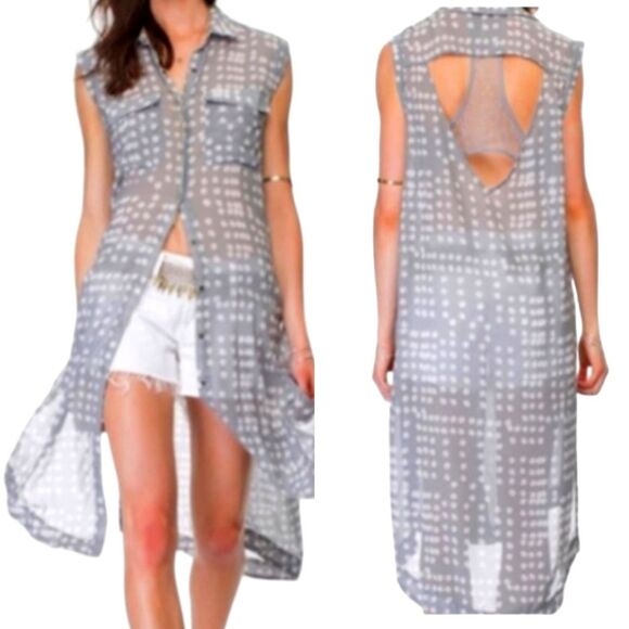 Free People Maxi Duster Cardigan Sleeveless Sheer Dot Lace Blouse Gray White L - Picture 1 of 16